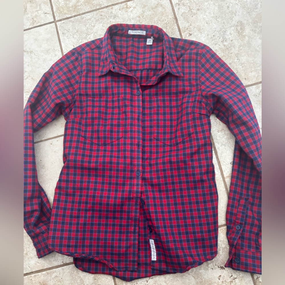 Toad & Co Red and Navy Plaid Button-Up Shirt